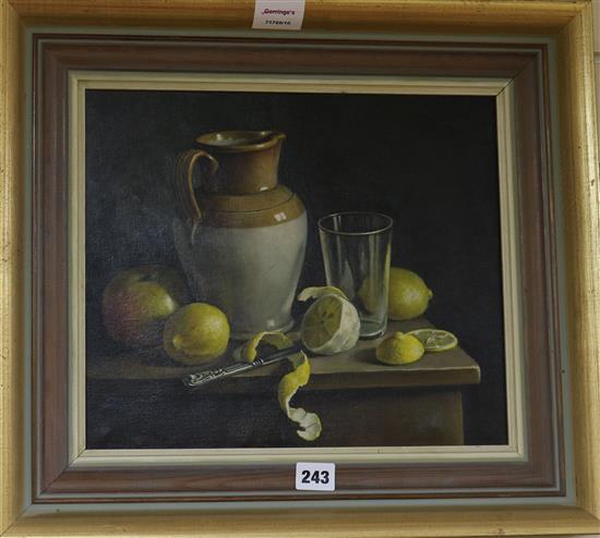 Constance Cooper, oil, Still life jug, glass and fruit on a table, 31 x 36 cms